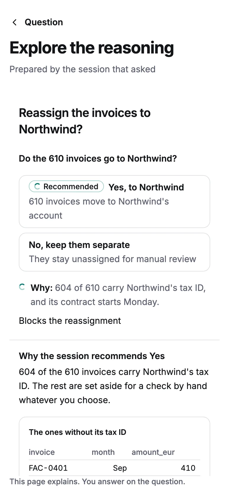 Explore the reasoning: why the session recommends Yes, with a table of the invoices without Northwind's tax ID.