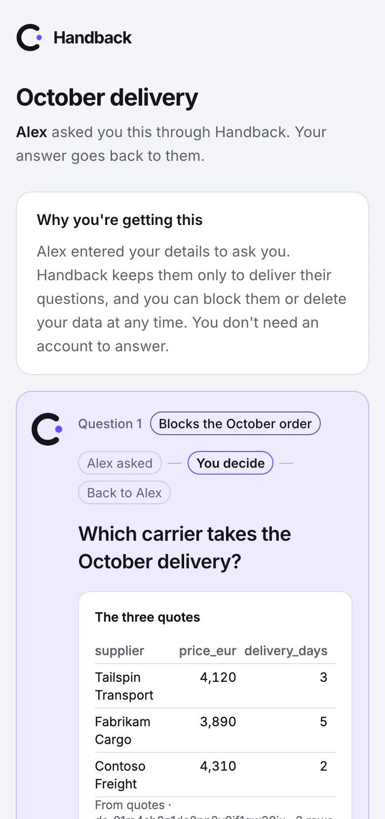 The link page someone without an account opens: «Alex asked you this through Handback», the question «Which carrier takes the October delivery?» and a table of the three quotes.