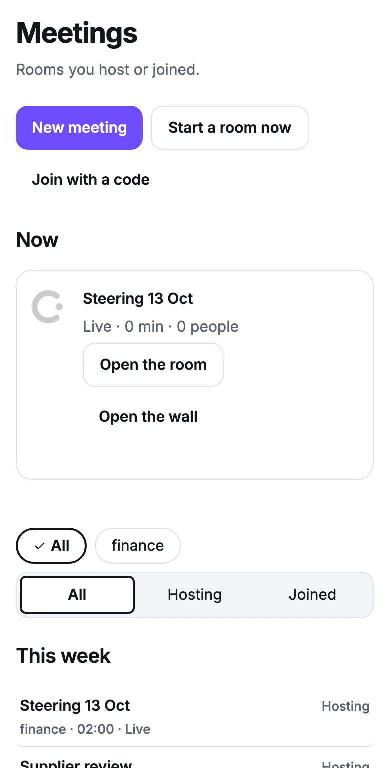 The Meetings view: a live room under Now, and this week's meetings by project.