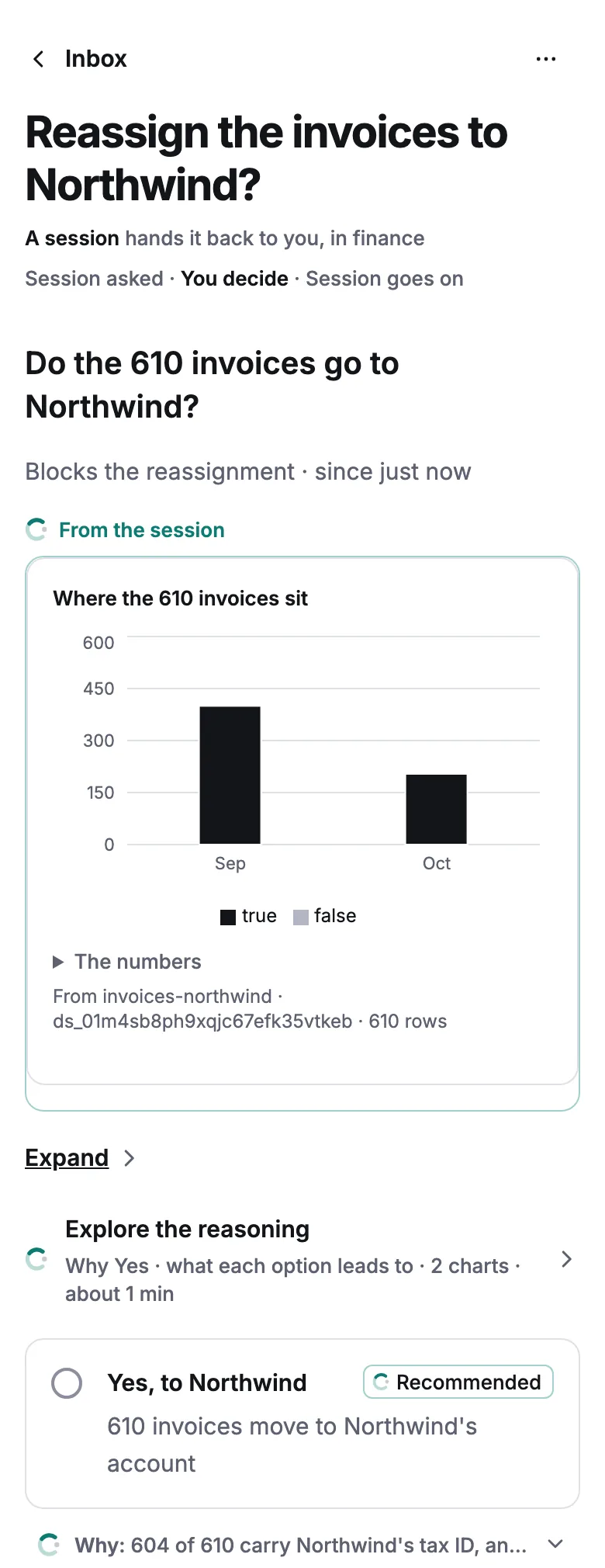 A request on the phone: «Do the 610 invoices go to Northwind?», a chart of where the invoices sit, and the option «Yes, to Northwind» marked Recommended with the session's reason.