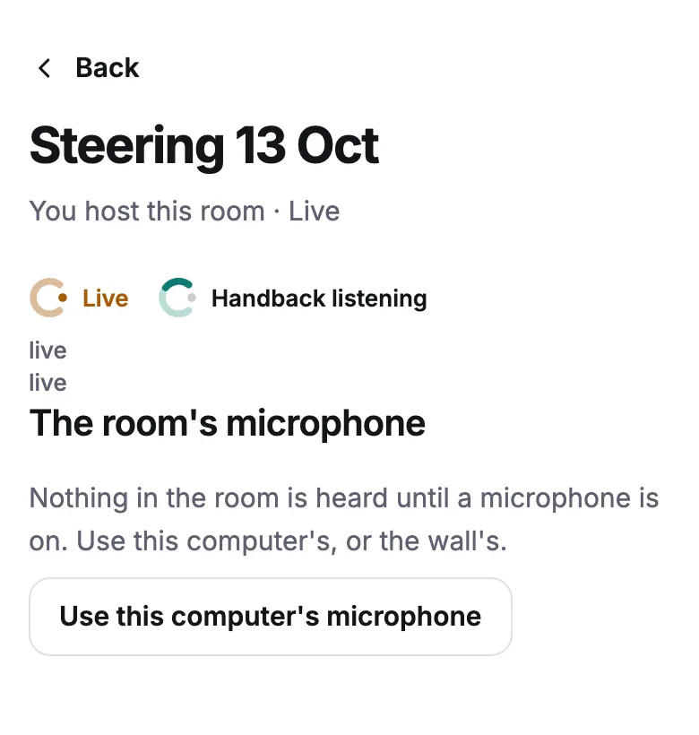 The room on the host's phone: Live, Handback listening, the room's microphone.